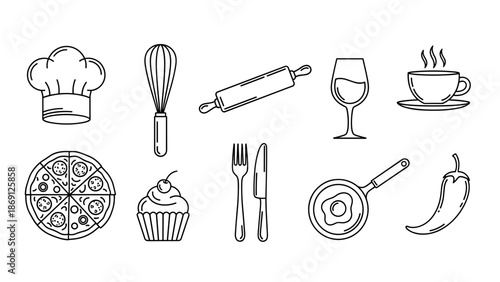 Collection of kitchen and cooking utensils and food items