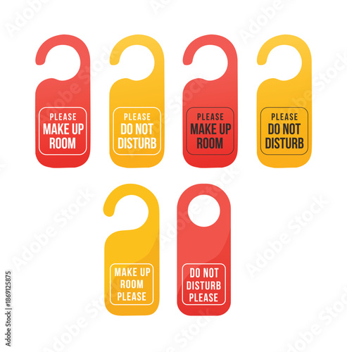 A vibrant collection of door hangers featuring messages for room service and privacy in various colors and designs