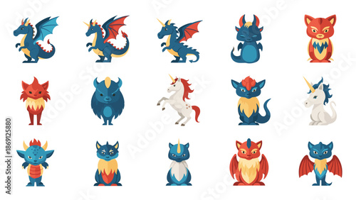 Collection of colorful cartoon dragons and mythical creatures