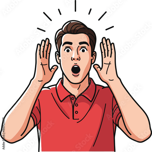 A surprised young man in a red polo shirt with his hands raised in a shocked expression.