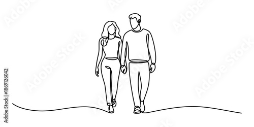 Continuous line art drawing of a young couple walking together while holding hands
