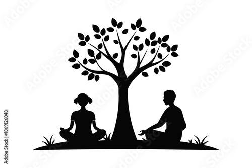 Person Sitting Under Tree Silhouette Vector Illustration, Spring Relaxation Scene Isolated on White Background