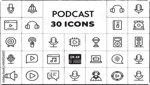 Generate a clean, vector-style illustration of a collection of 30 minimalist icons related to podcasting and audio content, presented in a grid layout on a white background.-gigapixel-standard-scale-4