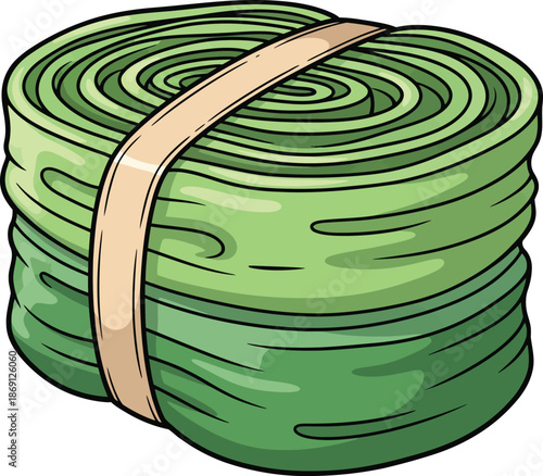 A thick cartoonstyle roll of green cash banknotes tightly bound by a single paper wrapper.