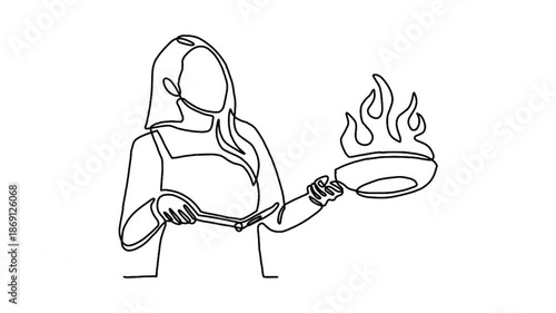 Continuous line animation of woman cooking food