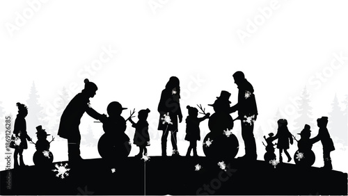 Family and friends joyfully building snowmen together on a snowy winter day.