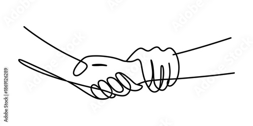 A minimalist continuous line drawing depicting a symbolic handshake between two people