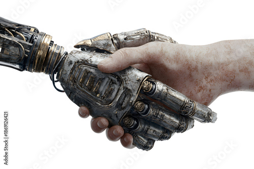 Robot hand shaking hand with human isolated on cut out PNG or transparent background. Symbols collaboration between technology and humanity with detailed. AI work at support job futuristic.