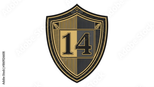 Golden Shield Emblem Featuring the Number 14, Symbolizing Achievement and Success