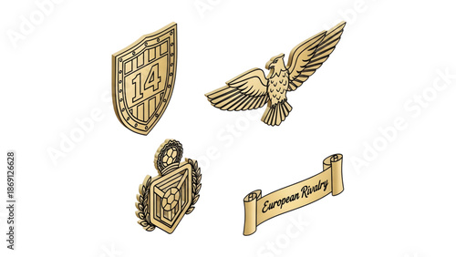 Set of golden emblem and shield icons with eagle and banner elements