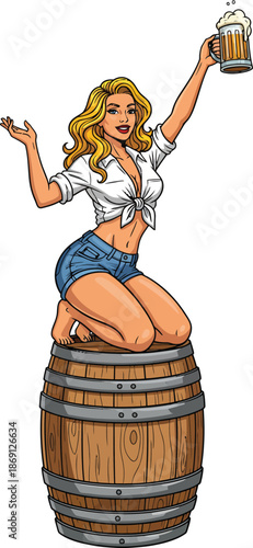 Attractive blonde pinup girl in a tied shirt and shorts kneeling on a barrel with beer.