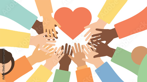 Diverse Hands Reaching for Red Heart Vector Illustration