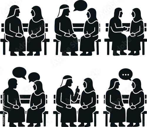 Muslim People Sitting and Talking Socializing Silhouette Vector Set