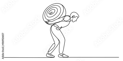 A minimalist single-line illustration of a person carrying a heavy spiral burden on their back
