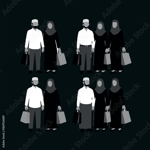 Muslim Couple Shopping with Bags Silhouette for Ramadan and Eid Prep