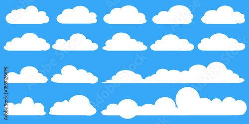 	
set of vector illustrations of clumpy clouds, cloud bubbles in flat style on a blue background	
