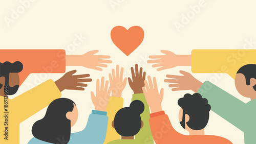 Diverse Group of People Reaching for an Orange Heart Illustration