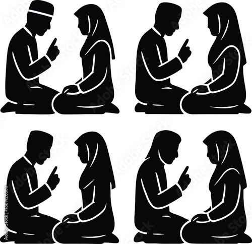 Silhouette of Muslim Man and Woman in Final Tashahhud Prayer Position