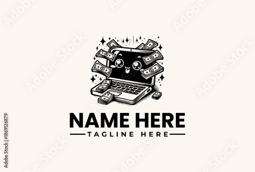 A black and white illustration of a laptop with various objects and text placeholders for a logo or icon on a plain background.