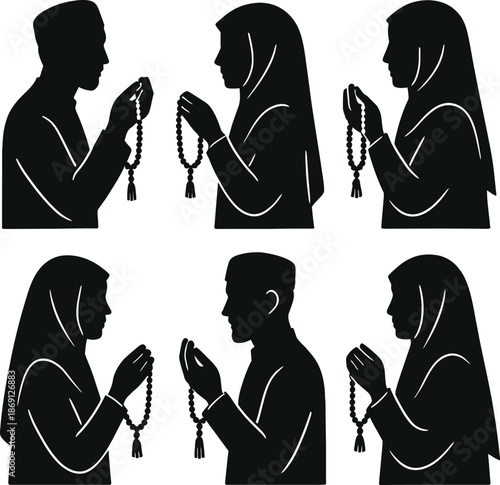 Muslim Couple Silhouette Holding Misbaha Beads and Making Dua