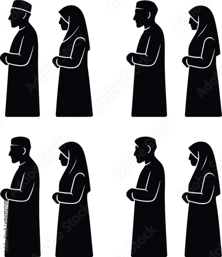 Diversity of Muslim Men and Women Praying Silhouette Icons