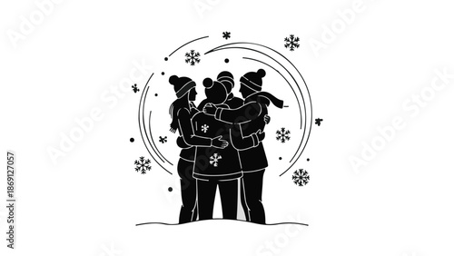 Joyful friends embracing in a snowy winter circle, sharing warmth and connection