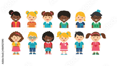Set of 12 Diverse Multicultural Children Avatars Vector Illustration