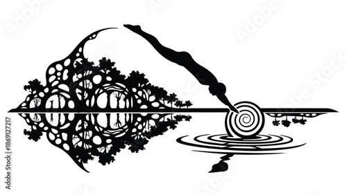 Silhouette of a person diving into a swirling pool, reflecting a stylized forest landscape.