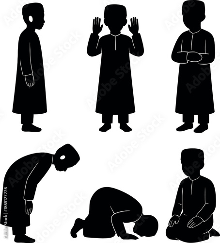 Male Silhouette Vector Set Showing Islamic Prayer Movements