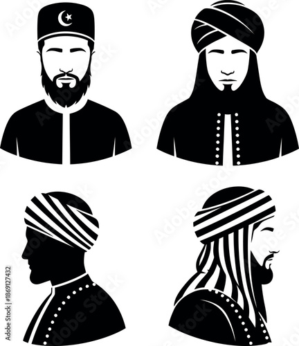 Set of Four Muslim Men Avatars in Traditional Headgear