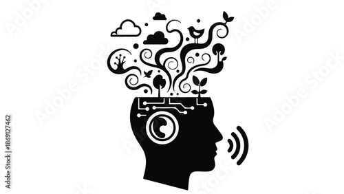 Creative mind bursting with ideas and nature elements, symbolizing innovation and growth.