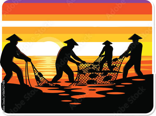 Silhouettes of fishermen pulling nets with a sunset in the background