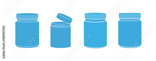Collection of various blue medical drug containers and pill bottles, featuring both sealed and open designs, ideal for health, wellness, and product packaging illustrations