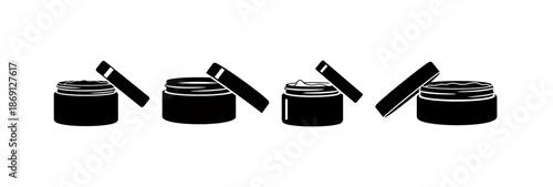 Cosmetic cream jar with lid open showing product inside, sequence of opening a skincare container with white cream