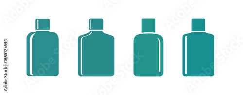 Collection of four teal colored flat icons representing different rectangular bottles or containers, ideal for graphic design or branding projects