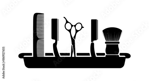 Elegant black silhouette showcasing classic barber shop tools like combs, scissors, razor, and shaving brush, perfect for professional grooming branding