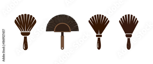 Diverse collection of brown stylized brushes, featuring various shapes and designs, including fan and paddle types, suitable for beauty and household graphic use