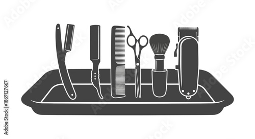 Collection of grooming and haircutting tools, including scissors, comb, clipper, and razor, arranged neatly on a tray