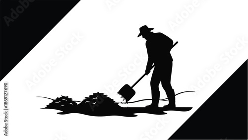 Silhouette of a farmer digging in the soil at sunrise, symbolizing hard work and agricultural endeavors