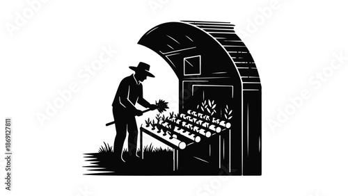 Farmer tending to seedlings in a greenhouse, cultivating growth and nature.