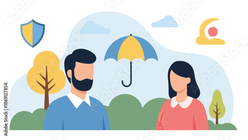 Man and Woman Under Umbrella with Shield and Sun Flat Vector Illustration