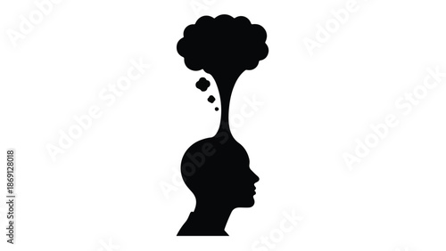 Black silhouette of a human head with a cloud of thoughts or ideas emerging above
