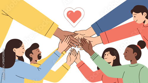 Diverse Group of People Stacking Hands in Teamwork Illustration