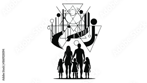 Diverse family silhouette against abstract geometric design symbolizing connection and unity.