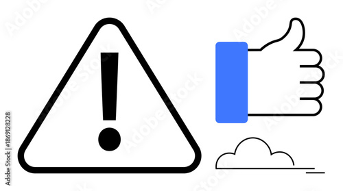 Warning symbol. A triangular warning sign with an exclamation mark contrasts with a thumbs-up icon approval. Warning, approval, and decision-making in communication, feedback systems, or online