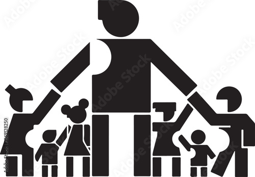 Stick figure family holding hands together in unity