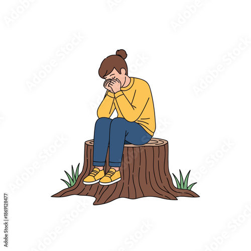 Sad Person Crying Sitting on Tree Stump, Loneliness, Depression, Sadness, Mental Health