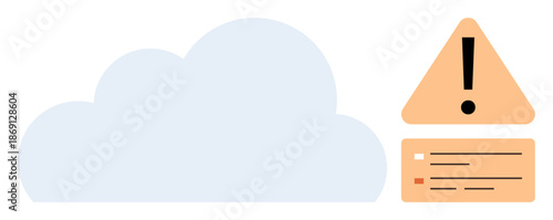 Technology issues, data storage, error handling, cybersecurity, online services, information management. Large cloud with error alert icon. Cybersecurity and data storage problem concept
