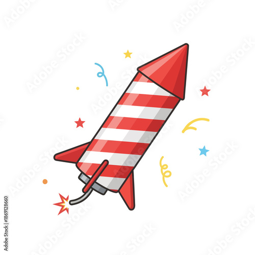 Red and White Striped Rocket Firework with Confetti and Stars