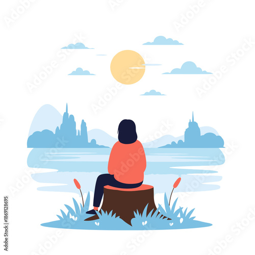 Woman Sitting on Tree Stump Looking at Scenic Lake Landscape at Sunrise